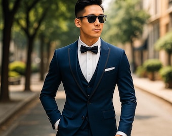 ネイビーブルーのタキシードスーツ：メンズウェディングパーティー
