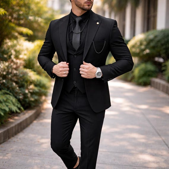 formal dress men for wedding Mens Navy Blue 3 Piece Suit Birdseye Suit Wedding Prom Formal Smart Classic main image 1