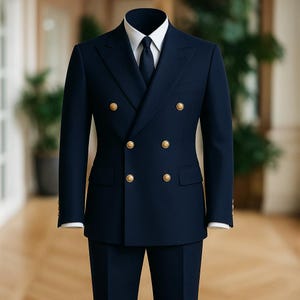 Pode incluir: Um fato azul marinho de abotoamento duplo com bot&otilde;es dourados. O fato inclui uma gravata azul marinho a condizer e uma camisa branca. O fato &eacute; feito &agrave; medida e parece ser feito de um tecido de alta qualidade. O fato &eacute; exibido num manequim.