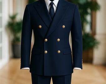 Dark Blue Double-Breasted Men’s Suit – 6 Button 2-Piece Tuxedo | Premium Slim Fit Wedding & Formal Wear | Groom Suit