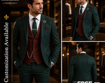 FREE SHIPPING | Dark Green 3 Piece Suit Men | Burgundy Vest Wedding Suit | Groom Suit Men | Custom Tailored Formal Wear | Groomsmen Outfit