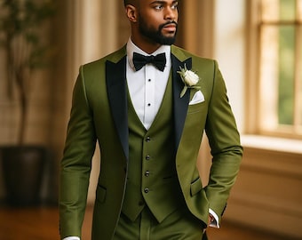 メンズ カーキグリーン 3ピーススーツ – スリムフィット 結婚式