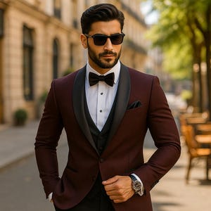 Dark Burgundy 3 Piece Tuxedo Men | Black Lapel Slim Fit Groom Suit | Wedding Party Wear