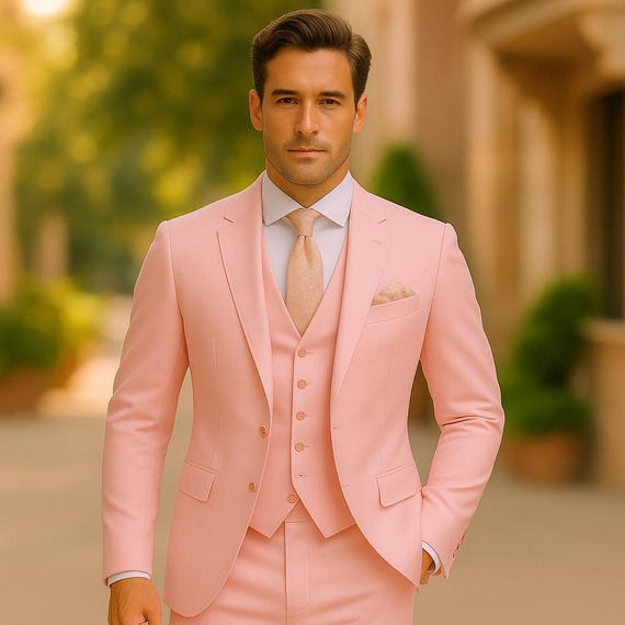 light pink dress suit Mens Light Pink 2 Piece Suit, Formal Dress Suit for Weddings, Prom, Parties, Summer Events Slim Fitted By Vitali Light Pink / 44 Long Jacket+38 Waist