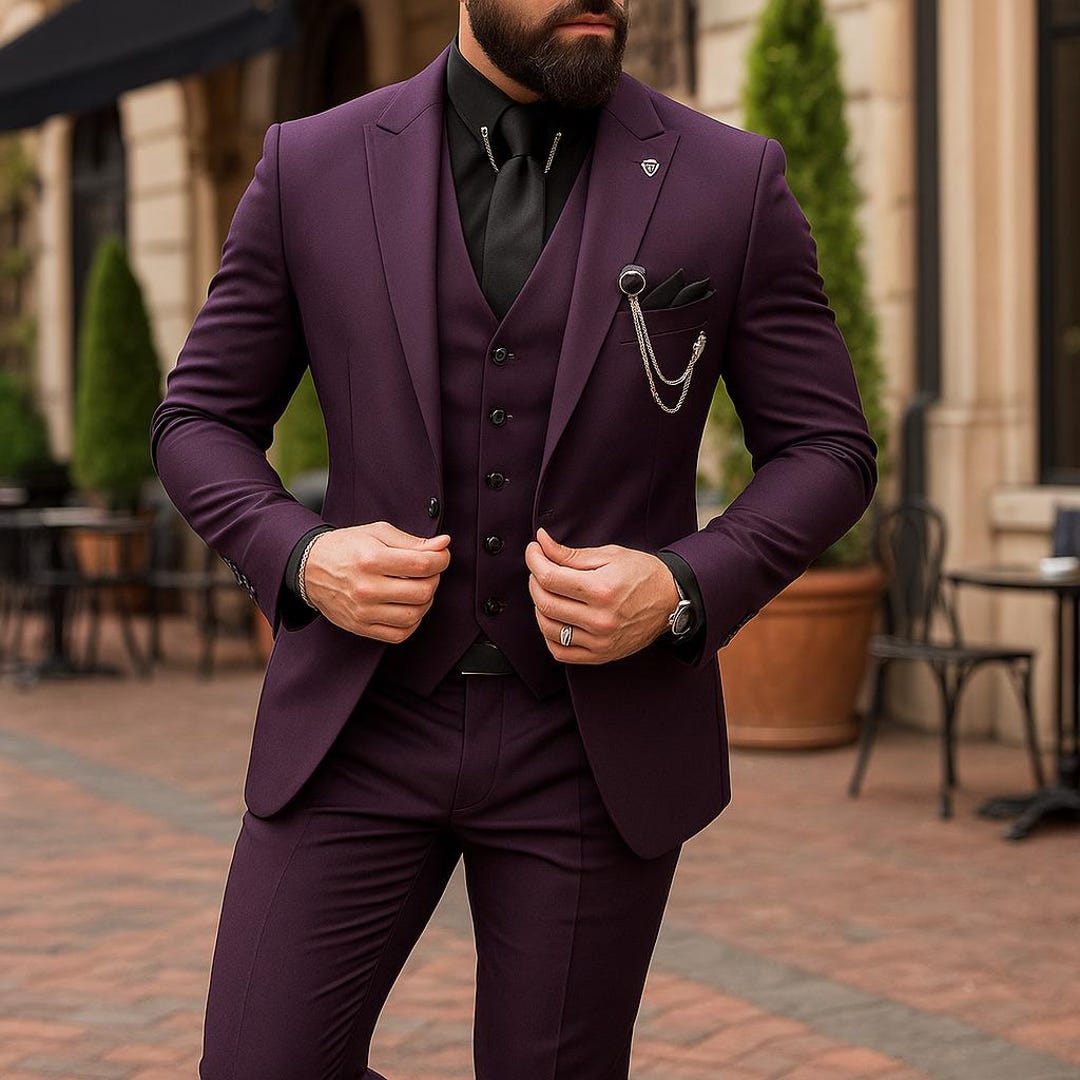 Purple Three-Piece Easy Fit Wedding Suit with Black Lapel