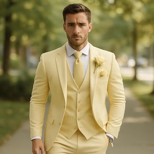 Lichtgeel 3-delig kostuum heren | Elegante trouwoutfit | Frisse formele kleding