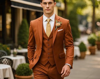 Men’s Rust Three Piece Suit | Slim Fit Wedding Tuxedo & Formal Wear for Groom