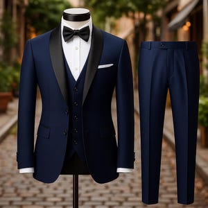 Dark Blue 3 Piece Suit Men | Shawl Lapel Groom Tuxedo | Custom Tailored Formal Wear