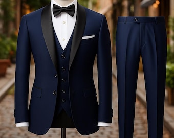 Traje de tres piezas azul oscuro para hombre / Esmoquin de novio con solapa de chal / Ropa formal a medida