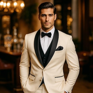 Cream Tuxedo Suit for Men | Classic 3 Piece Formal Wear | Tailored Wedding & Event Outfit