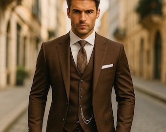 メンズブラウンスリーピーススーツ：スリムフィットウェディング新郎