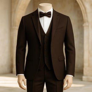 素朴な結婚式に最適なメンズスリムフィットブラウンスーツ｜蝶ネクタイ