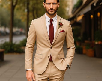 Beige 2 Piece Suit Men | Luxury Slim Fit Groomsmen Bespoke Formal Outfit