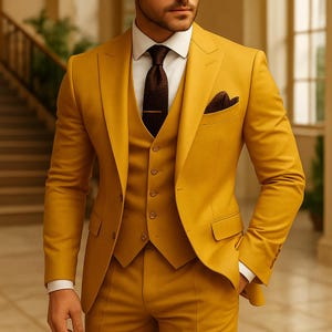 Mustard Yellow 3 Piece Suit Men | Slim Fit Summer Wedding Outfit | Vibrant Formal Wear