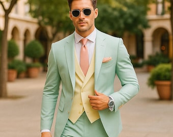 Sage Green Ivory 3 Piece Suit Men | Tailored Wedding Groom Tuxedo | Formal Prom Wear