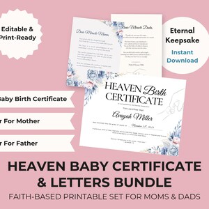 May include: A printable bundle featuring a Heaven Birth Certificate for Avayah Miller dated November 24, 2024, alongside letters for a mother and father. The documents are decorated with blue and pink floral illustrations and line art of hands.