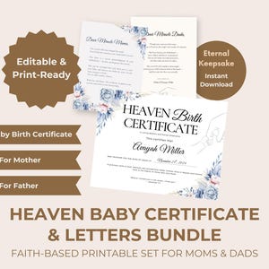Certificado de nacimiento y cartas de Heaven Baby / Aborto espontáneo imprimible basado en la fe / Plantilla editable de Canva para padres / Descarga instantánea