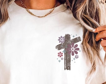 Comfort Colors® Vintage Retro Pastel Christian Shirt: Short Longsleeve, Women Faith Tee Gift for Mom, Brushstroke Floral Cross Jesus Tshirt