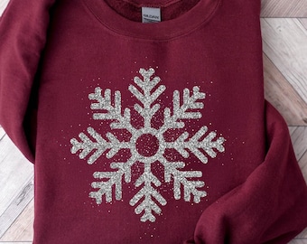 Snowflake Sweatshirt & Hoodie: Printed Silver Glitter Effect (Not Real Glitter), Sparkly Sequin Look Design, Cozy Winter Valentines Gift Her