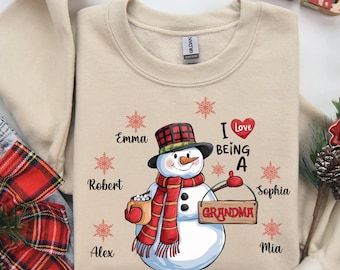 Custom Christmas Snowman Mama Grandma Sweatshirt with Kids Names, Funny Xmas Sweater with Snowflake Names, Cute Christmas Mom Gift for Nana