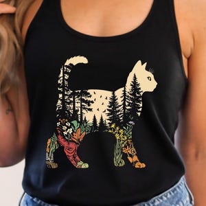 Boho Cat Plants Tank Top, Nature Trees Wild Flowers Tank, Women Cat Lovers,  Mom Gift for Her, Plant Lover Tank Top