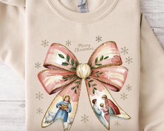 Christmas Christian Sweatshirt Hoodie, Women Christian Christmas Gifts for Mom, Christmas Coquette Bow Sweat Shirts, Jesus Coquette Sweater