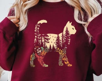 Boho Cat Plants Sweatshirt Hoodie, Forest Nature Sweater, Flower Trees Sweater, Wildflower Cat Sweater, Women Cat Lovers Christmas Mom Gift