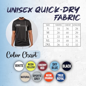 K&ouml;nnte beinhalten: Schwarzes Unisex-T-Shirt aus schnell trocknendem Stoff mit Gr&ouml;&szlig;entabelle und Farboptionen. Die Farbkarte umfasst Wei&szlig;, Neongelb, Kirschrot, Himmelblau, Schwarz, Natur, Sportgrau, Neonorange und K&ouml;nigsblau.