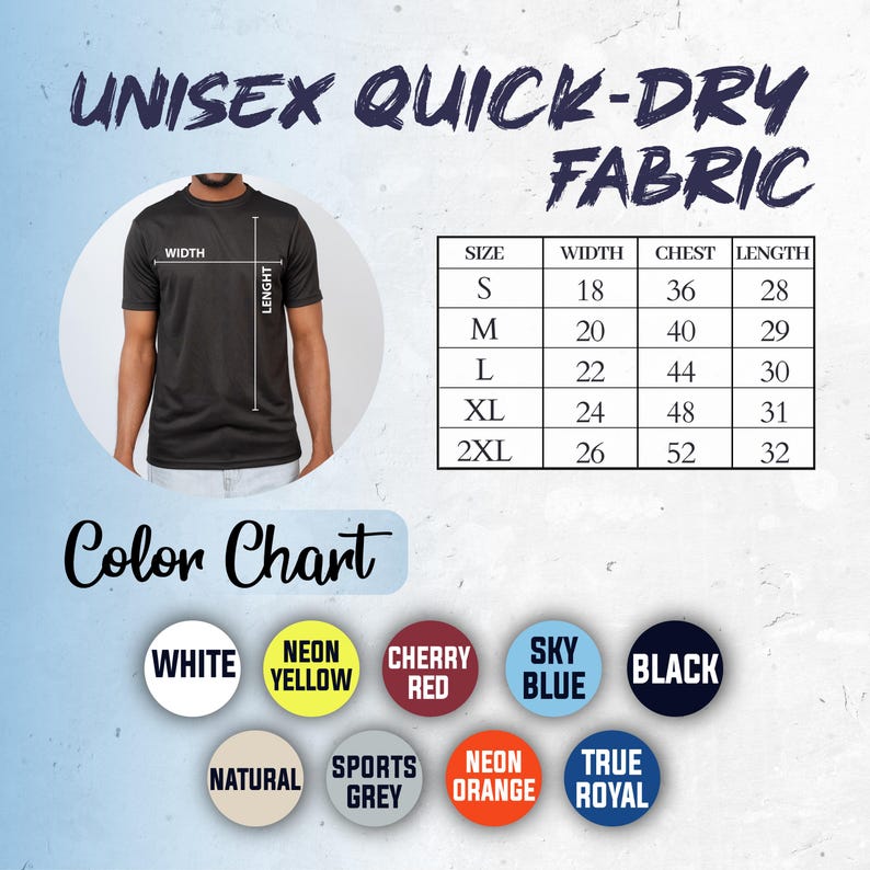 K&ouml;nnte beinhalten: Schwarzes Unisex-T-Shirt aus schnell trocknendem Stoff mit Gr&ouml;&szlig;entabelle und Farboptionen. Die Farbkarte umfasst Wei&szlig;, Neongelb, Kirschrot, Himmelblau, Schwarz, Natur, Sportgrau, Neonorange und K&ouml;nigsblau.