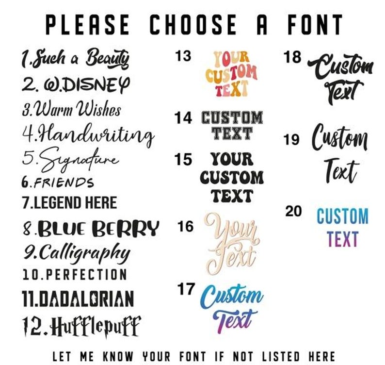 K&ouml;nnte beinhalten: Grafik mit einer Auswahl an Schriftarten f&uuml;r individuellen Text. Der Text "PLEASE CHOOSE A FONT" steht oben, gefolgt von nummerierten Schriftoptionen, darunter "Warm Wishes", "Signature" und verschiedene "Custom Text"-Stile.
