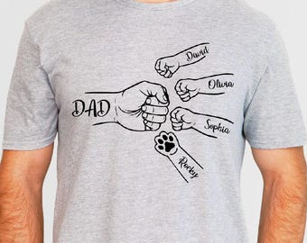 Custom Dad Grandpa Shirt with Kids and Pet Names: Fist Bump Paw Design, Personalized Family Members Tee