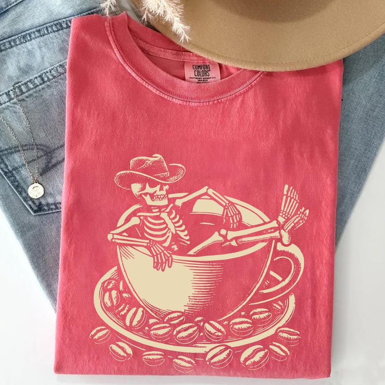 Comfort Colors® Vintage Funny Cowboy Skeleton Shirt, Retro Gothic Grunge Coffee Lover Tee, Sarcastic Funny Halloween Gift, Concert Outfit image 3