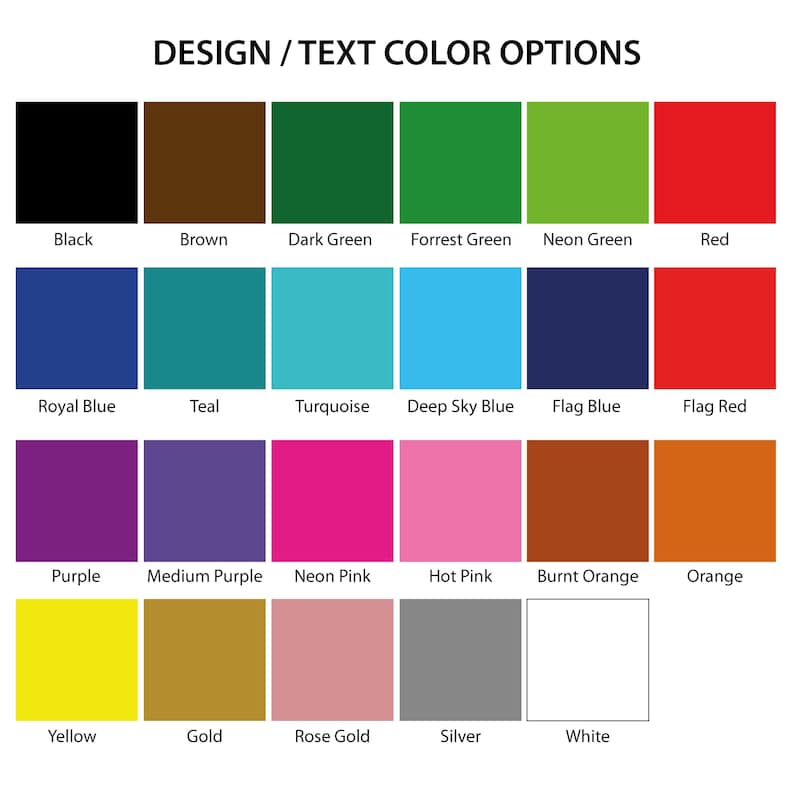 K&ouml;nnte beinhalten: Eine Farbkarte mit Design- und Textfarboptionen. Die Karte enth&auml;lt eine Vielzahl von Farben wie Schwarz, Braun, Dunkelgr&uuml;n, Neongr&uuml;n, Rot, K&ouml;nigsblau, T&uuml;rkis, T&uuml;rkis, Lila, Neonrosa und Gelb.