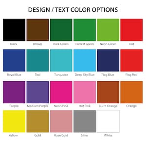 Op de afbeelding: Een kleurenkaart met ontwerp- en tekstkleuropties. De kaart bevat een verscheidenheid aan kleuren zoals zwart, bruin, groen, rood, blauw, paars, roze, oranje, geel, goud, zilver en wit. Elke kleur is voorzien van een naam.
