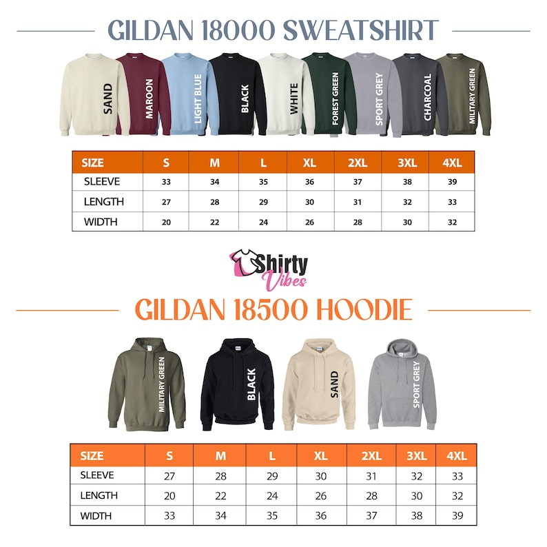Op de afbeelding: Afbeelding van Gildan sweatshirts en hoodies in kleuren als zand, bordeauxrood en zwart. Maattabellen tonen mouw-, lengte- en breedtematen in cm, van S tot 4XL. De tekst "Gildan 18000 Sweatshirt" is zichtbaar.