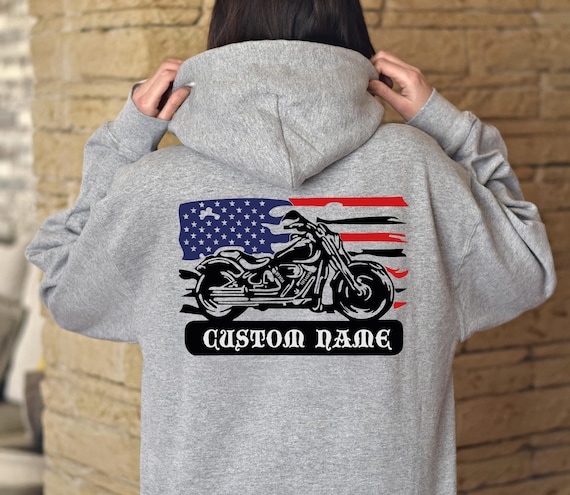 Custom Motorcycle Hoodie & Sweatshirt, Custom Rider Hoodie with Name, Motorcycle Flag  Silhouette, Motorcycle Lover Gifts Christmas Birthday