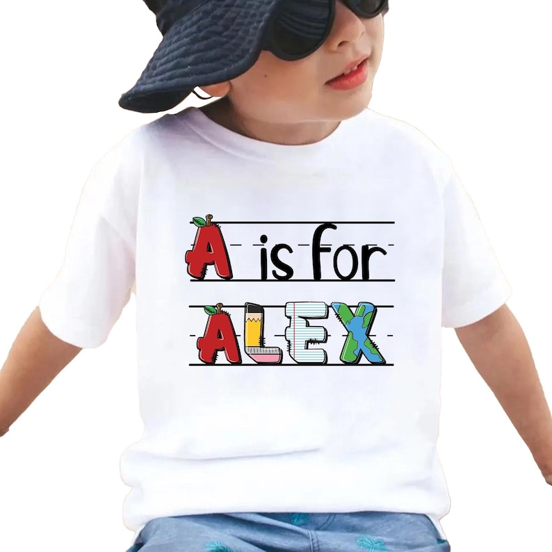 Custom Kids Name School Shirt, Back to School Shirt, Toddler First Day of Kindergarten Shirt with Name, Alphabet Shirt, Letter Name Shirt image 2