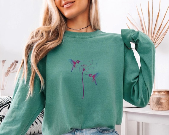 Comfort Colors® Colorful Dandelion Hummingbird Shirt: Short/ Longsleeve, Cute Bird Lovers Tee, Bird Mom Gift, Womens Nature Lovers Gift