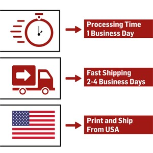 K&ouml;nnte beinhalten: Grafische Elemente in Rot und Wei&szlig; auf wei&szlig;em Hintergrund. Enth&auml;lt ein Stoppuhr-Symbol mit dem Text "Processing Time 1 Business Day", ein LKW-Symbol mit "Fast Shipping 2-4 Business Days" und eine US-Flagge mit "Print and Ship From USA".