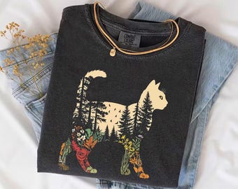 Camiseta Boho con Gatos y Plantas en Colores Cómodos: Manga Corta y Larga, Camisetas con Árboles, Flores Silvestres, Camiseta para Mujeres Amantes de los Gatos, Regalo para Mamá