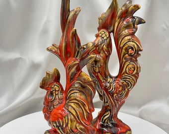 Vintage Ceramic Rooster Sculptures, Hand-Glazed Color Swirl Pair
