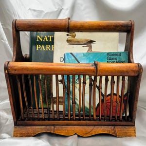 Mid-Century Bamboo and Woven Cane Magazine Rack | Sculptural Boho Floor Basket with Patina and Charm (1960s–1970s)