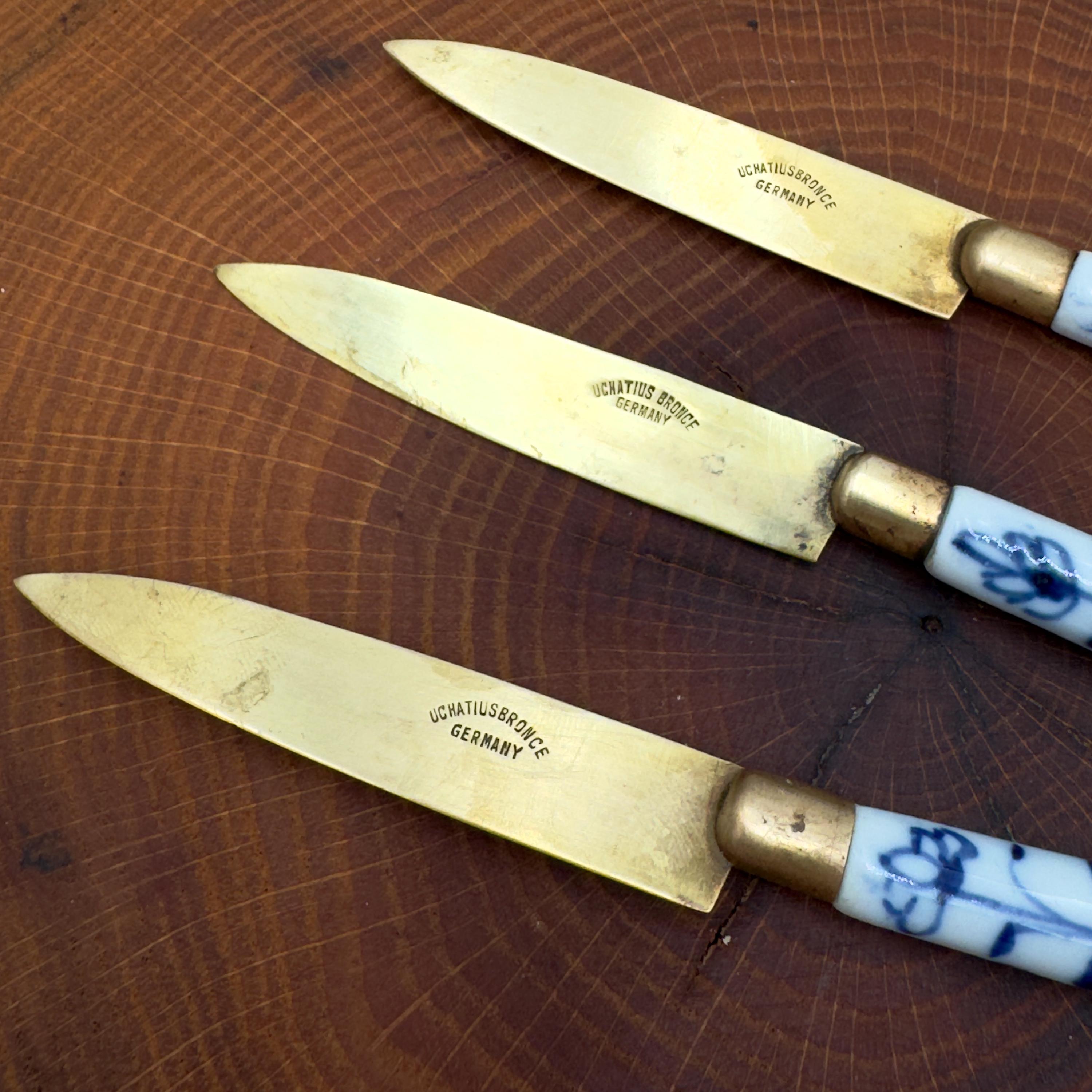 Antique Uchatius Bronze Fruit Knives - Blue Floral Porcelain