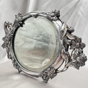 Vintage Heavy Cast Floral Vanity Mirror with Aged Patina – Ornate Metal Standing Frame with Daisies & Scrolls – Shabby Romantic Garden Decor