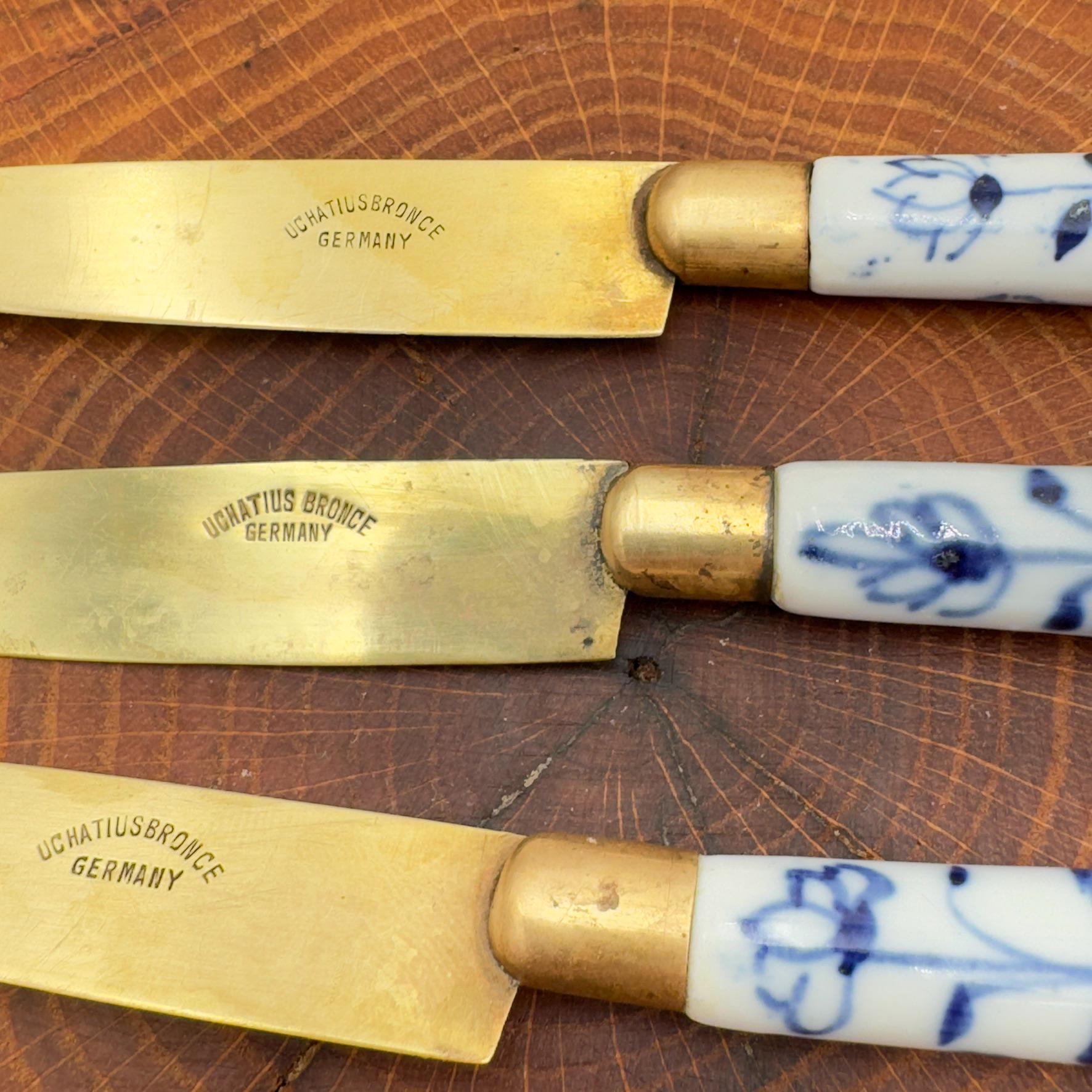 Antique Uchatius Bronze Fruit Knives - Blue Floral Porcelain