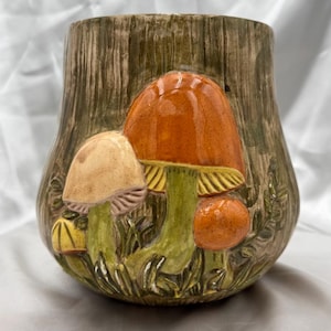 Vintage 1972 Hand-Painted Groovy Mushroom Canister Planter - Mid Century Woodland Glazed Ceramic - Signed Mary Anderson &#39;72 - NO LID