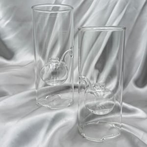 Late 1990s Wolfard Hand Blown Glass Oil Lamps – Pair of 9” Cylinder Hurricane Globes – Modern Minimalist Art Glass – No Wick Inserts