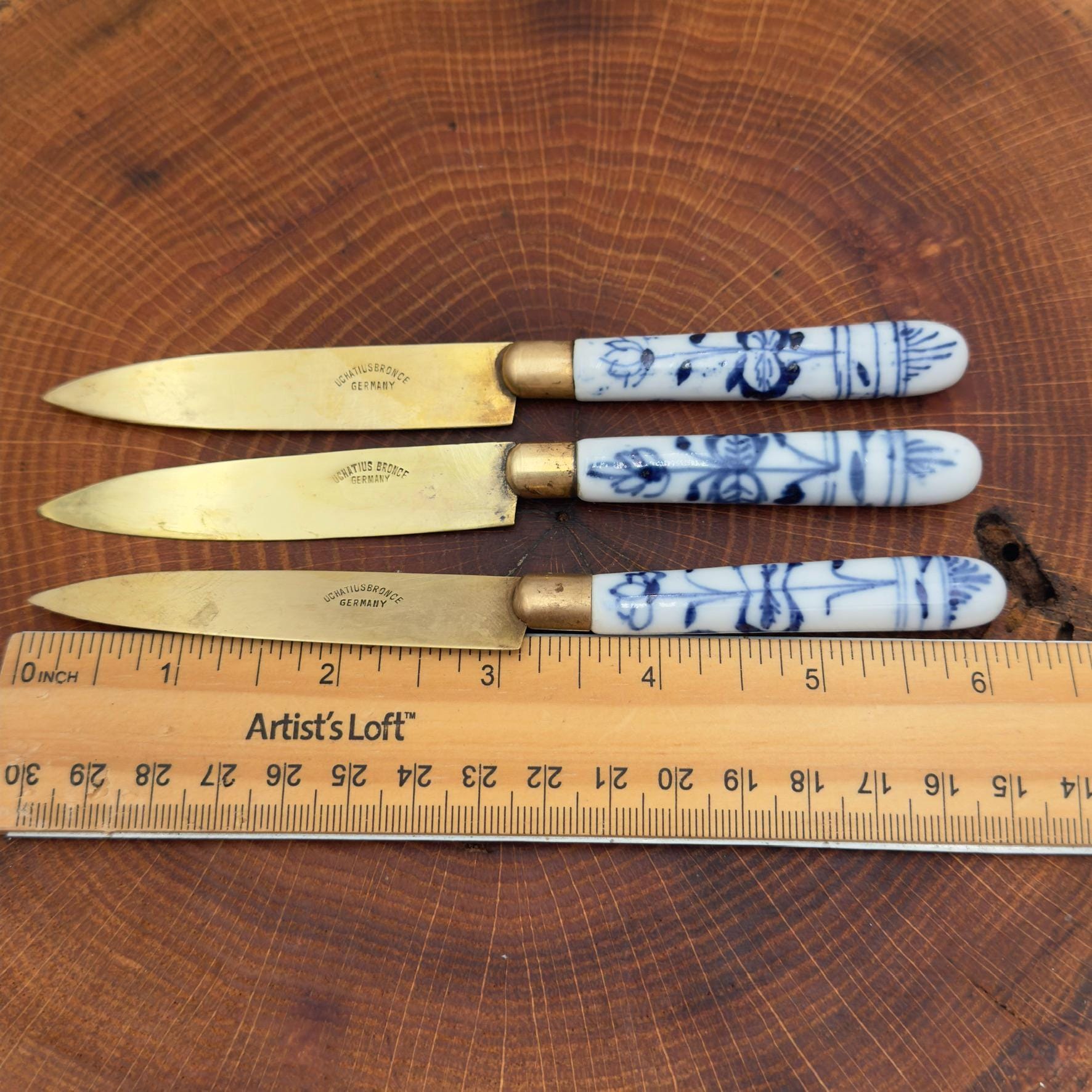 Antique Uchatius Bronze Fruit Knives - Blue Floral Porcelain