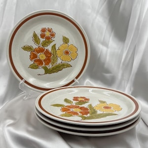 Vintage 1970s Bonsai Collection Riverchase Floral Stoneware Plates – Set of 4