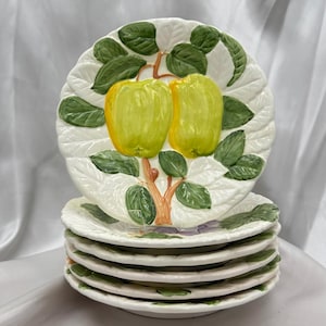 1987 Shafford Fruit du Jour Majolica-Style Salad Plates – Set of 6 Colorful Raised Fruit Plates – Chippy Cottagecore Pottery Japan